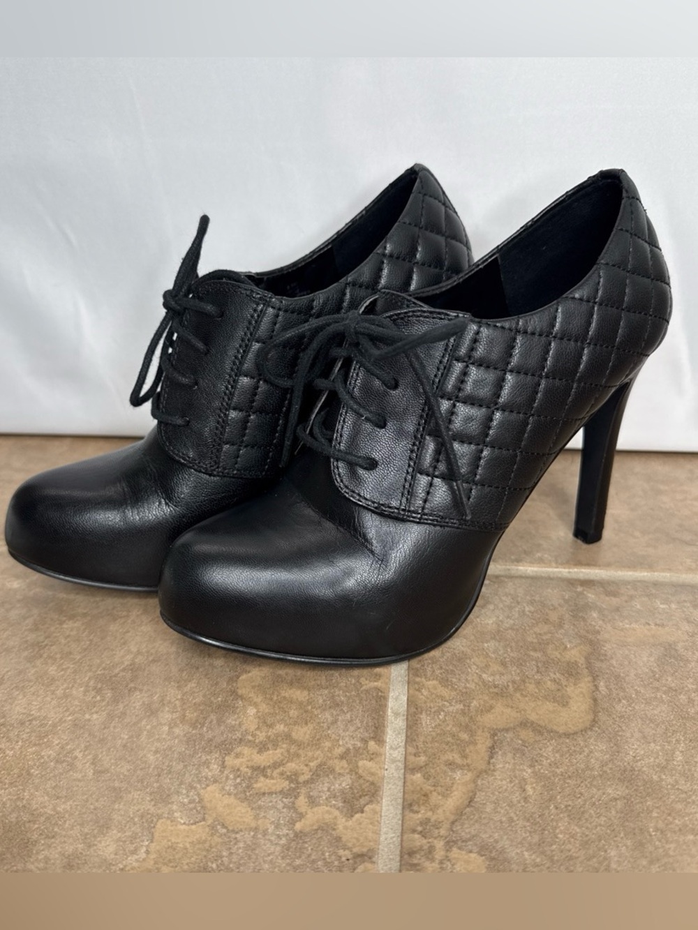 Black Quilted Lace-Up High Heel Booties - Women